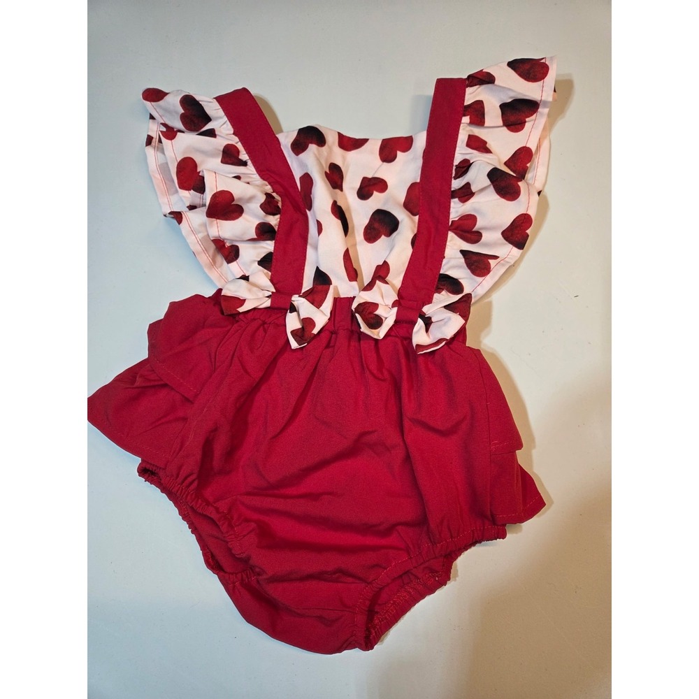 433 Baby Girls Red Heart Print Ruffle Dress Romper Sunsuit 3 To 6m
